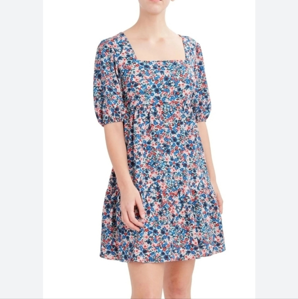 ♡ BCBG Paris Pebble Crepe Puff Sleeve Floral Tiered Mini Dress Size Small Blue